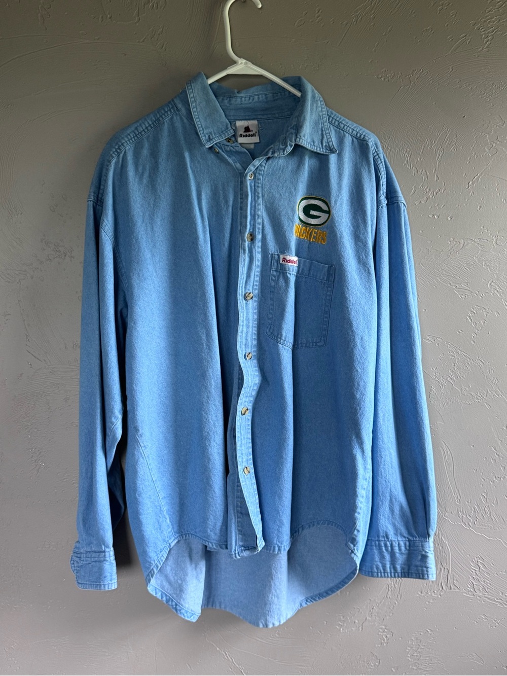 Vintage 90s Green Bay Packers Riddell Denim Button Up Shirt Embroidered NFL